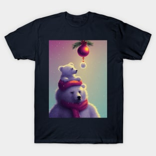 A polar bear in a red scarf with a bear cub on his shoulders. T-Shirt